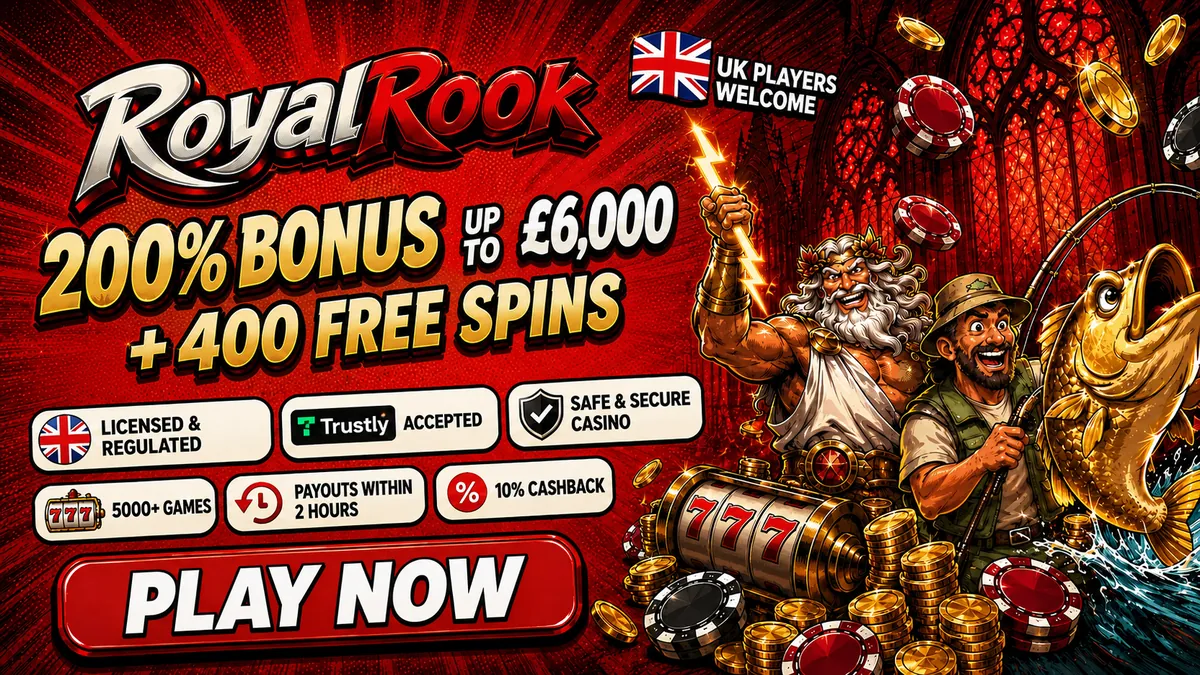 RoyalRook Casino welcome bonus: 200% up to £6,000 plus 400 free spins